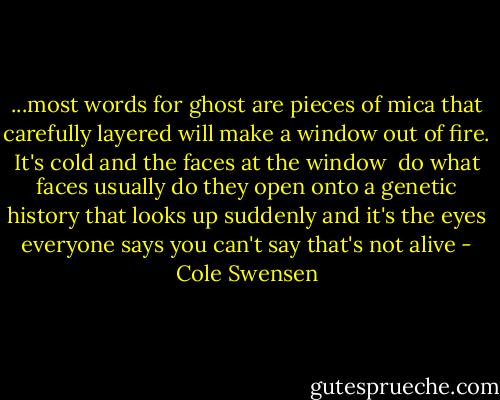 ...most words for ghost are pieces of mica that carefully layered<br />will make a window out of fire. It's cold and the faces at the window<br /><br />do what faces usually do they open onto a genetic history<br />that looks up suddenly and it's the eyes everyone says you can't say that's not alive - Cole Swensen