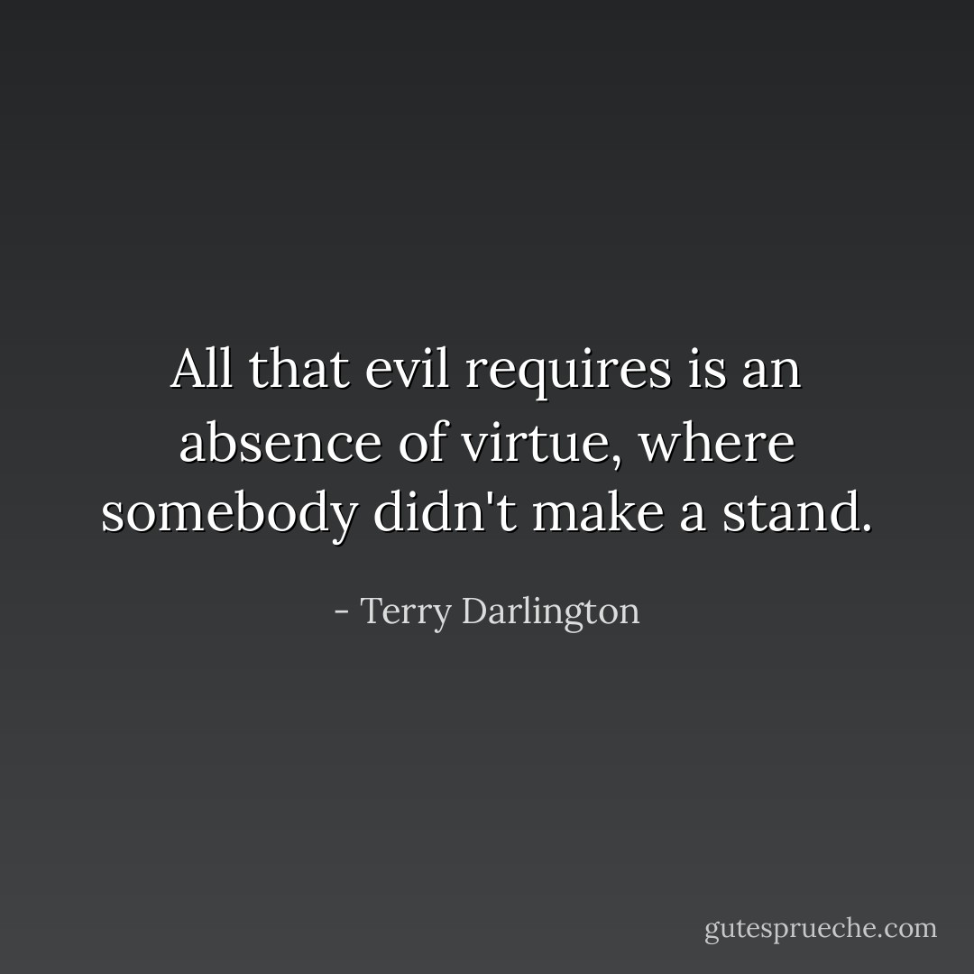 All that evil requires is an absence of virtue, where somebody didn't make a stand. - Terry Darlington