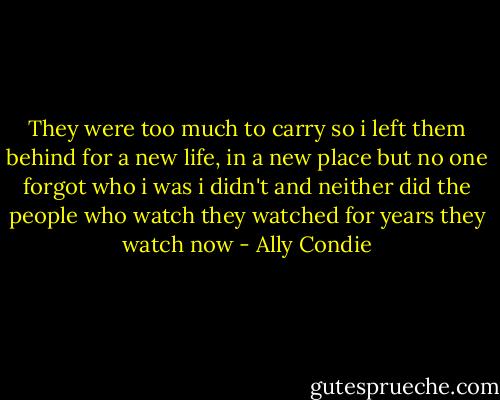 They were too much to carry<br />so i left them behind<br />for a new life, in a new place<br />but no one forgot who i was<br />i didn't<br />and neither did the people who watch<br />they watched for years<br />they watch now - Ally Condie