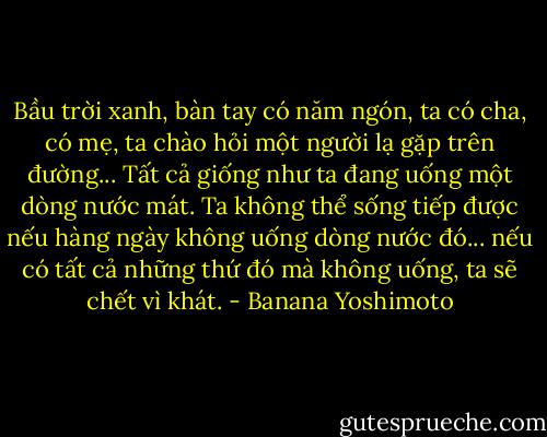 Bầu trời xanh, bàn tay có năm ngón, ta có cha, có mẹ, ta chào hỏi một người lạ gặp trên đường... Tất cả giống như ta đang uống một dòng nước mát. Ta không thể sống tiếp được nếu hàng ngày không uống dòng nước đó... nếu có tất cả những thứ đó mà không uống, ta sẽ chết vì khát. - Banana Yoshimoto