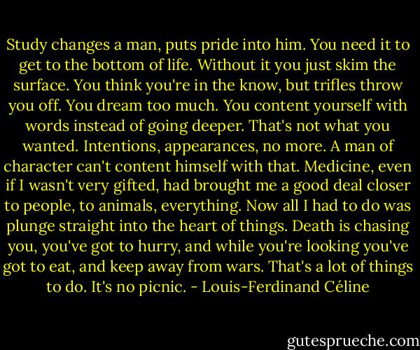Study changes a man, puts pride into him. You need it to get to the bottom of life. Without it you just skim the surface. You think you're in the know, but trifles throw you off. You dream too much. You content yourself with words instead of going deeper. That's not what you wanted. Intentions, appearances, no more. A man of character can't content himself with that. Medicine, even if I wasn't very gifted, had brought me a good deal closer to people, to animals, everything. Now all I had to do was plunge straight into the heart of things. Death is chasing you, you've got to hurry, and while you're looking you've got to eat, and keep away from wars. That's a lot of things to do. It's no picnic. - Louis-Ferdinand Céline