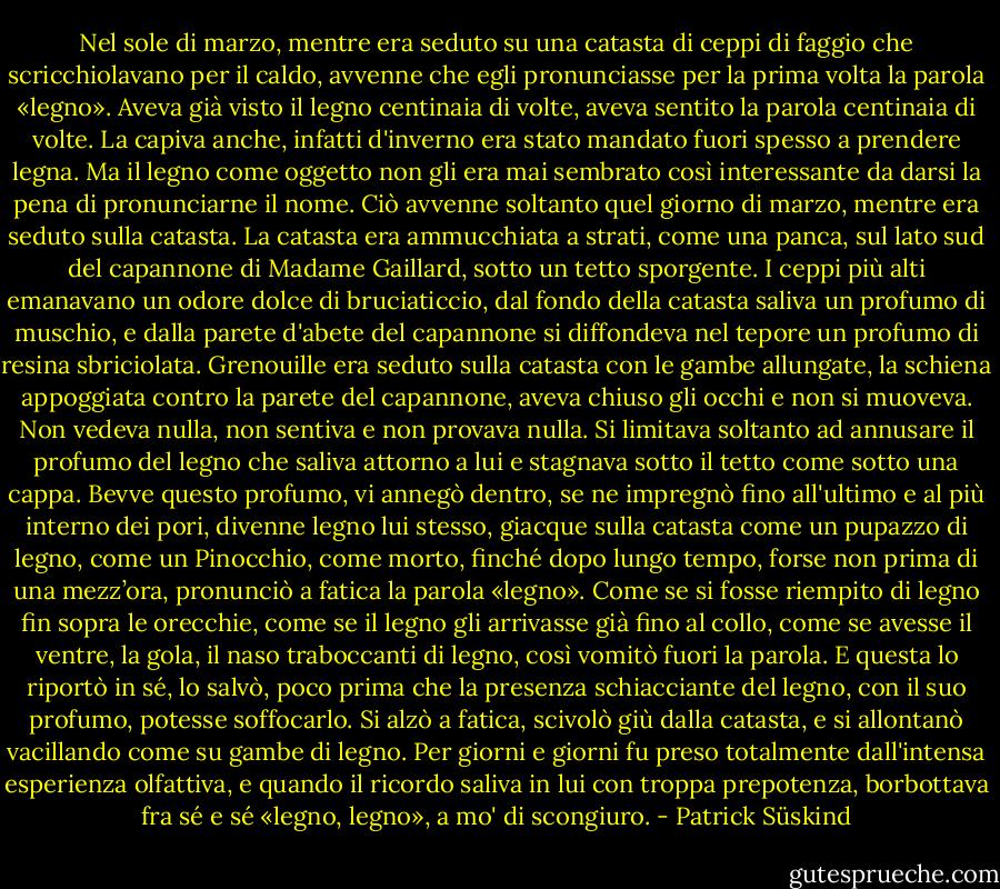 Nel sole di marzo, mentre era seduto su una catasta di ceppi di faggio che scricchiolavano per il caldo, avvenne che egli pronunciasse per la prima volta la parola «legno». Aveva già visto il legno centinaia di volte, aveva sentito la parola centinaia di volte. La capiva anche, infatti d'inverno era stato mandato fuori spesso a prendere legna. Ma il legno come oggetto non gli era mai sembrato così interessante da darsi la pena di pronunciarne il nome. Ciò avvenne soltanto quel giorno di marzo, mentre era seduto sulla catasta. La catasta era ammucchiata a strati, come una panca, sul lato sud del capannone di Madame Gaillard, sotto un tetto sporgente. I ceppi più alti emanavano un odore dolce di bruciaticcio, dal fondo della catasta saliva un profumo di muschio, e dalla parete d'abete del capannone si diffondeva nel tepore un profumo di resina sbriciolata.<br />Grenouille era seduto sulla catasta con le gambe allungate, la schiena appoggiata contro la parete del capannone, aveva chiuso gli occhi e non si muoveva. Non vedeva nulla, non sentiva e non provava nulla. Si limitava soltanto ad annusare il profumo del legno che saliva attorno a lui e stagnava sotto il tetto come sotto una cappa. Bevve questo profumo, vi annegò dentro, se ne impregnò fino all'ultimo e al più interno dei pori, divenne legno lui stesso, giacque sulla catasta come un pupazzo di legno, come un Pinocchio, come morto, finché dopo lungo tempo, forse non prima di una mezz’ora, pronunciò a fatica la parola «legno». Come se si fosse riempito di legno fin sopra le orecchie, come se il legno gli arrivasse già fino al collo, come se avesse il ventre, la gola, il naso traboccanti di legno, così vomitò fuori la parola. E questa lo riportò in sé, lo salvò, poco prima che la presenza schiacciante del legno, con il suo profumo, potesse soffocarlo. Si alzò a fatica, scivolò giù dalla catasta, e si allontanò vacillando come su gambe di legno. Per giorni e giorni fu preso totalmente dall'intensa esperienza olfattiva, e quando il ricordo saliva in lui con troppa prepotenza, borbottava fra sé e sé «legno, legno», a mo' di scongiuro. - Patrick Süskind