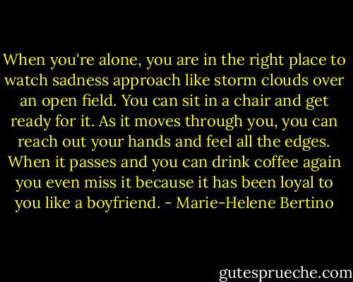 When you're alone, you are in the right place to watch sadness approach like storm clouds over an open field. You can sit in a chair and get ready for it. As it moves through you, you can reach out your hands and feel all the edges. When it passes and you can drink coffee again you even miss it because it has been loyal to you like a boyfriend. - Marie-Helene Bertino