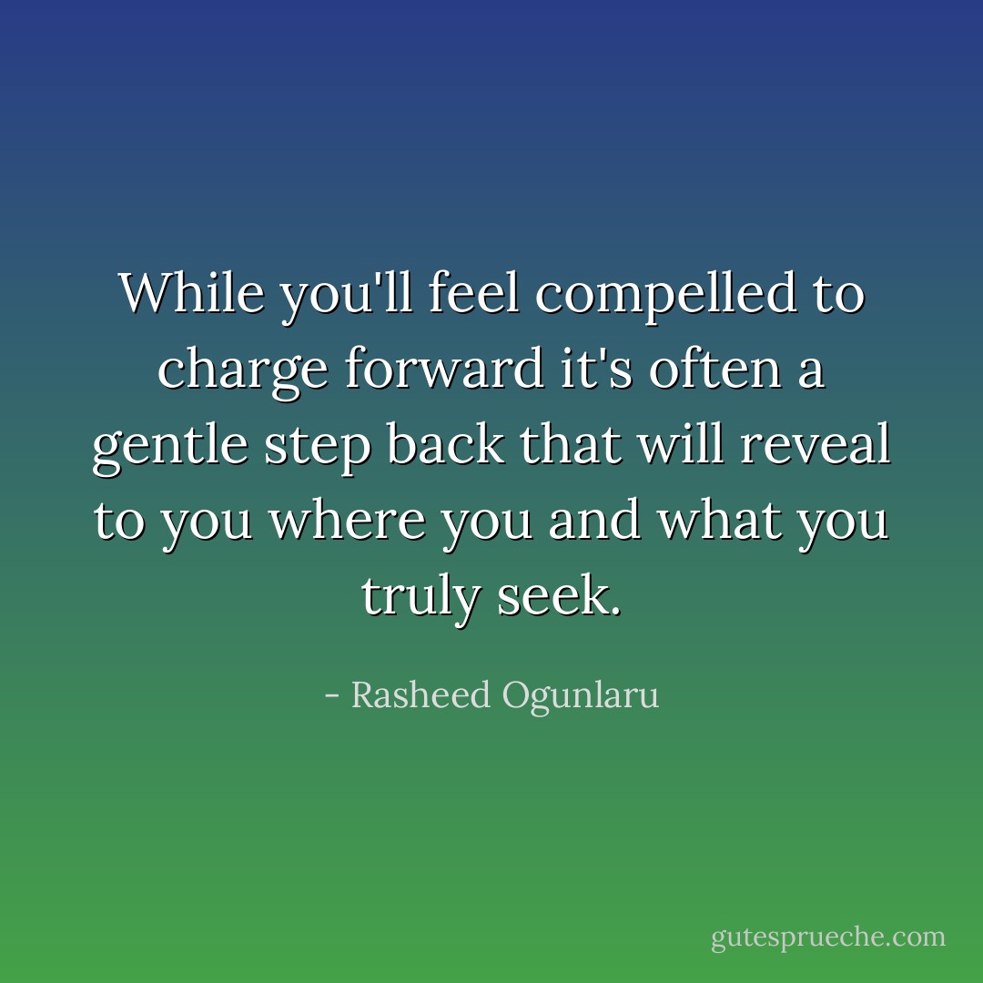While you'll feel compelled to charge forward it's often a gentle step back that will reveal to you where you and what you truly seek. - Rasheed Ogunlaru