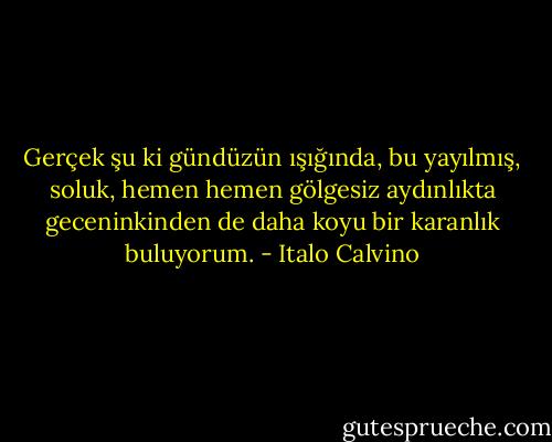 Gerçek şu ki gündüzün ışığında, bu yayılmış, soluk, hemen hemen gölgesiz aydınlıkta geceninkinden de daha koyu bir karanlık buluyorum. - Italo Calvino