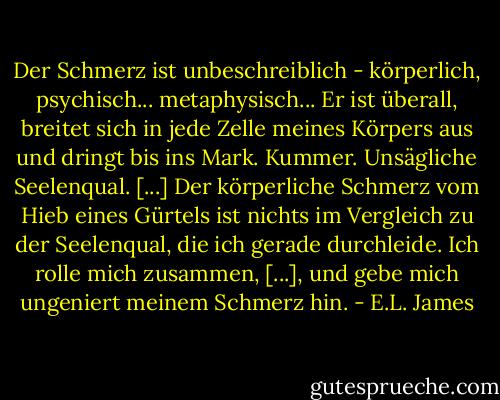 Der Schmerz ist unbeschreiblich - körperlich, psychisch... metaphysisch... Er ist überall, breitet sich in jede Zelle meines Körpers aus und dringt bis ins Mark. Kummer. Unsägliche Seelenqual. [...] Der körperliche Schmerz vom Hieb eines Gürtels ist nichts im Vergleich zu der Seelenqual, die ich gerade durchleide. Ich rolle mich zusammen, [...], und gebe mich ungeniert meinem Schmerz hin. - E.L. James