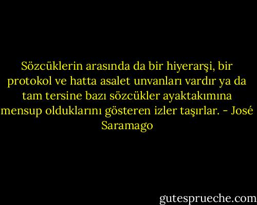 Sözcüklerin arasında da bir hiyerarşi, bir protokol ve hatta asalet unvanları vardır ya da tam tersine bazı sözcükler ayaktakımına mensup olduklarını gösteren izler taşırlar. - José Saramago