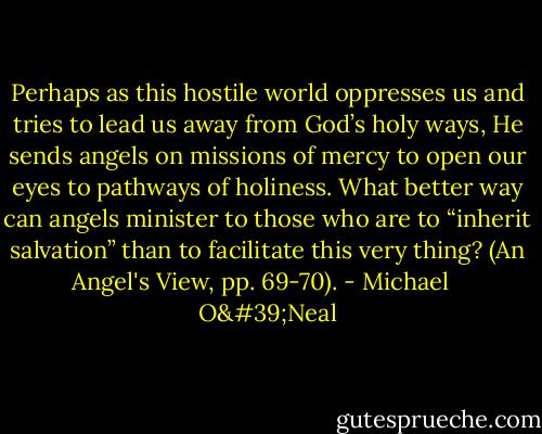 Perhaps as this hostile world oppresses us and tries to lead us away from God’s holy ways, He sends angels on missions of mercy to open our eyes to pathways of holiness. What better way can angels minister to those who are to “inherit salvation” than to facilitate this very thing? (An Angel's View, pp. 69-70). - Michael   O'Neal