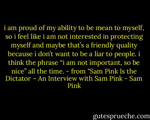 i am proud of my ability to be mean to myself, so i feel like i am not interested in protecting myself and maybe that’s a friendly quality because i don’t want to be a liar to people. i think the phrase “i am not important, so be nice” all the time.<br />- from "Sam Pink Is the Dictator – An Interview with Sam Pink - Sam Pink