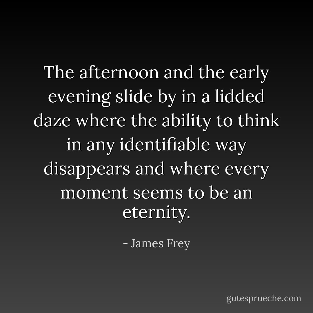 The afternoon and the early evening slide by in a lidded daze where the ability to think in any identifiable way disappears and where every moment seems to be an eternity. - James Frey