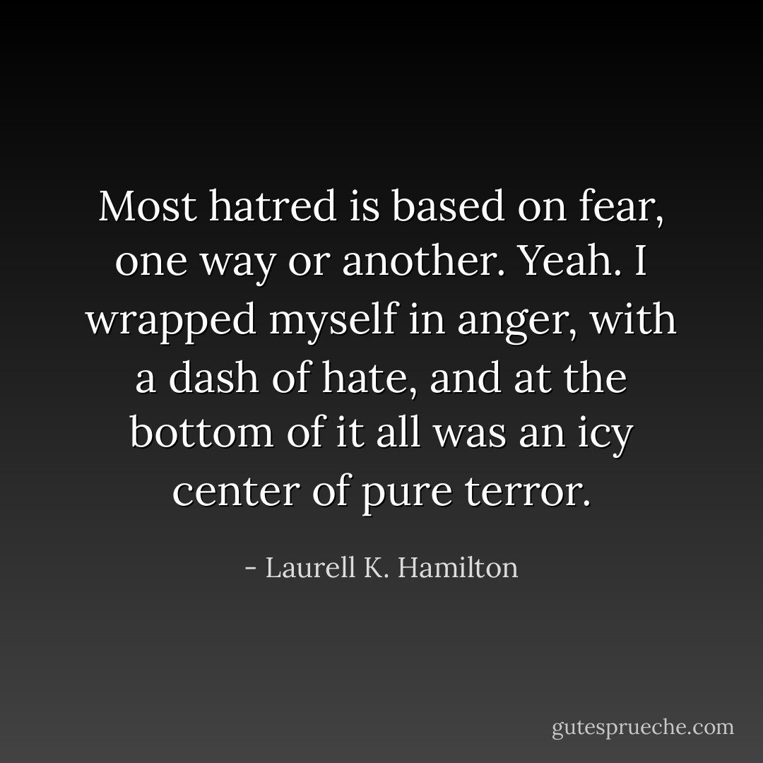 Most hatred is based on fear, one way or another. Yeah. I wrapped myself in anger, with a dash of hate, and at the bottom of it all was an icy center of pure terror. - Laurell K. Hamilton