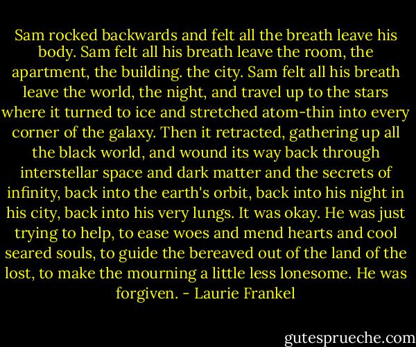 Sam rocked backwards and felt all the breath leave his body. Sam felt all his breath leave the room, the apartment, the building. the city. Sam felt all his breath leave the world, the night, and travel up to the stars where it turned to ice and stretched atom-thin into every corner of the galaxy. Then it retracted, gathering up all the black world, and wound its way back through interstellar space and dark matter and the secrets of infinity, back into the earth's orbit, back into his night in his city, back into his very lungs. It was okay. He was just trying to help, to ease woes and mend hearts and cool seared souls, to guide the bereaved out of the land of the lost, to make the mourning a little less lonesome. He was forgiven. - Laurie Frankel