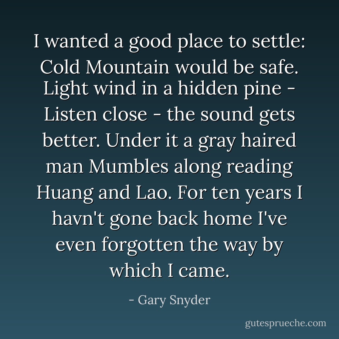 I wanted a good place to settle:<br />Cold Mountain would be safe.<br />Light wind in a hidden pine -<br />Listen close - the sound gets better.<br />Under it a gray haired man<br />Mumbles along reading Huang and Lao.<br />For ten years I havn't gone back home<br />I've even forgotten the way by which I came. - Gary Snyder