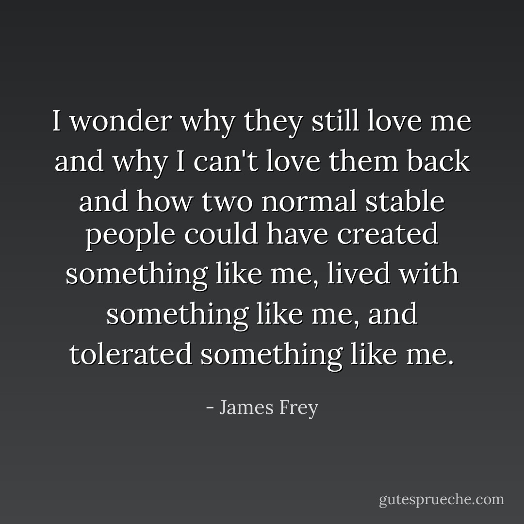 I wonder why they still love me and why I can't love them back and how two normal stable people could have created something like me, lived with something like me, and tolerated something like me. - James Frey