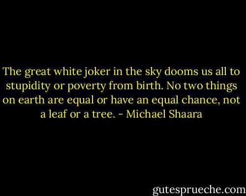 The great white joker in the sky dooms us all to stupidity or poverty from birth. No two things on earth are equal or have an equal chance, not a leaf or a tree. - Michael Shaara