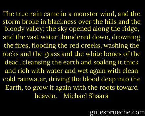 The true rain came in a monster wind, and the storm broke in blackness over the hills and the bloody valley; the sky opened along the ridge, and the vast water thundered down, drowning the fires, flooding the red creeks, washing the rocks and the grass and the white bones of the dead, cleansing the earth and soaking it thick and rich with water and wet again with clean cold rainwater, driving the blood deep into the Earth, to grow it again with the roots toward heaven. - Michael Shaara