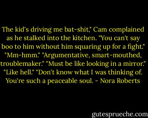 The kid's driving me bat-shit," Cam complained as he stalked into the kitchen. "You can't say boo to him without him squaring up for a fight."<br />"Mm-hmm."<br />"Argumentative, smart-mouthed, troublemaker."<br />"Must be like looking in a mirror."<br />"Like hell."<br />"Don't know what I was thinking of. You're such a peaceable soul. - Nora Roberts