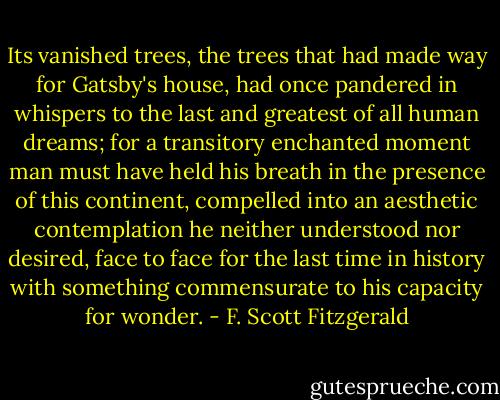 Its vanished trees, the trees that had made way for Gatsby's house, had once pandered in whispers to the last and greatest of all human dreams; for a transitory enchanted moment man must have held his breath in the presence of this continent, compelled into an aesthetic contemplation he neither understood nor desired, face to face for the last time in history with something commensurate to his capacity for wonder. - F. Scott Fitzgerald