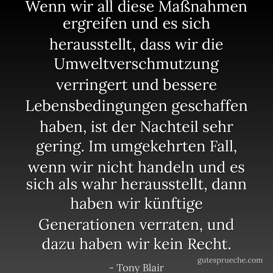Wenn wir all diese Maßnahmen ergreifen und es sich herausstellt, dass wir die Umweltverschmutzung verringert und bessere Lebensbedingungen geschaffen haben, ist der Nachteil sehr gering. Im umgekehrten Fall, wenn wir nicht handeln und es sich als wahr herausstellt, dann haben wir künftige Generationen verraten, und dazu haben wir kein Recht. - Tony Blair<