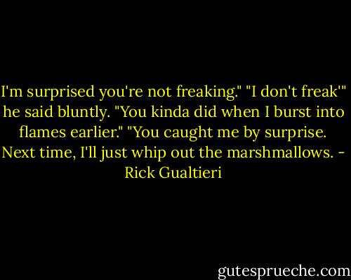 I'm surprised you're not freaking."<br />"I don't freak'" he said bluntly.<br />"You kinda did when I burst into flames earlier."<br />"You caught me by surprise. Next time, I'll just whip out the marshmallows. - Rick Gualtieri