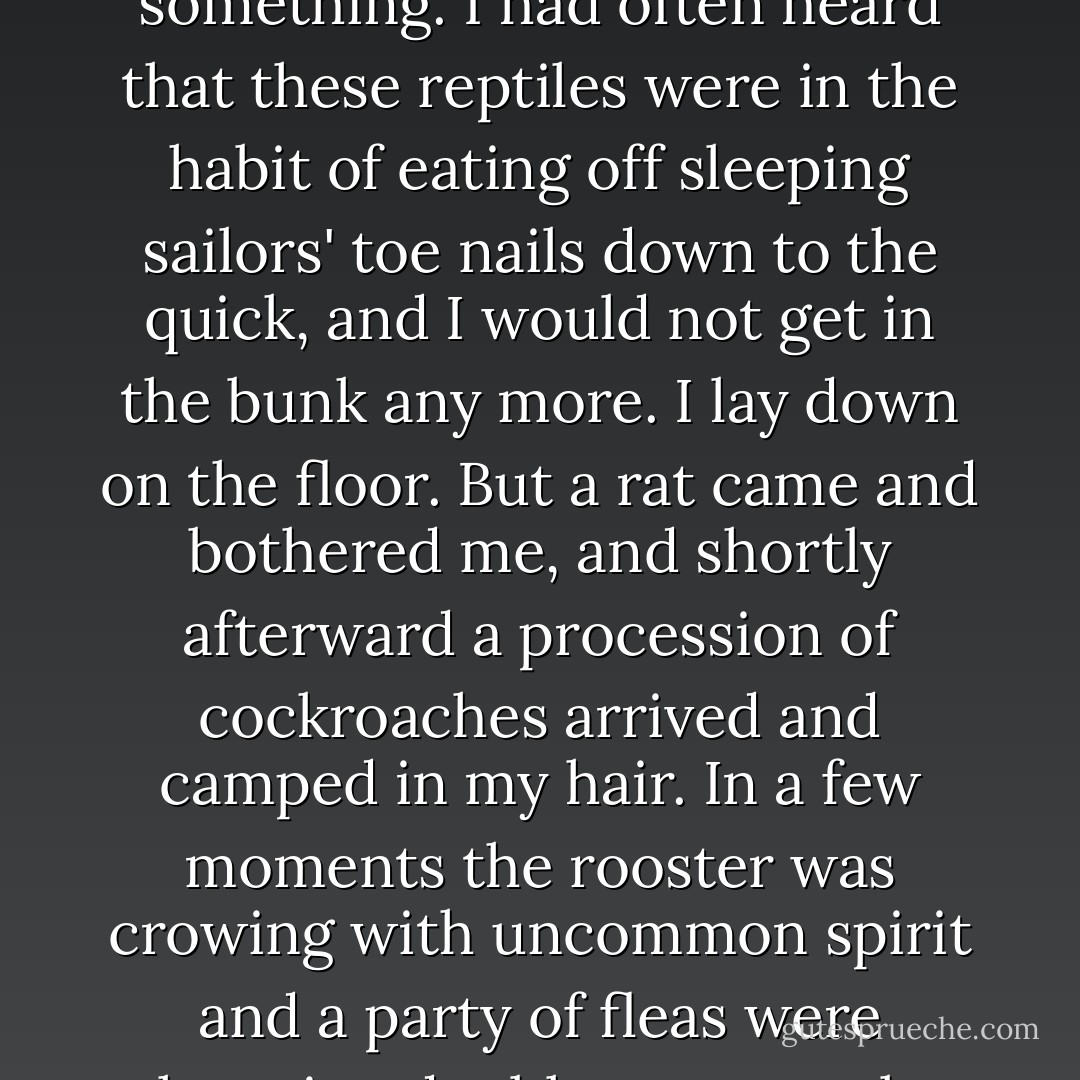 The first glance at the pillow showed me a repulsive sentinel perched upon each end of it--cockroaches as large as peach leaves--fellows with long, quivering antennae and fiery, malignant eyes. They were grating their teeth like tobacco worms, and appeared to be dissatisfied about something. I had often heard that these reptiles were in the habit of eating off sleeping sailors' toe nails down to the quick, and I would not get in the bunk any more. I lay down on the floor. But a rat came and bothered me, and shortly afterward a procession of cockroaches arrived and camped in my hair. In a few moments the rooster was crowing with uncommon spirit and a party of fleas were throwing double somersaults about my person in the wildest disorder, and taking a bite every time they stuck. I was beginning to feel really annoyed. I got up and put my clothes on and went on deck.<br />The above is not overdrawn; it is a truthful sketch of inter-island schooner life. - Mark Twain