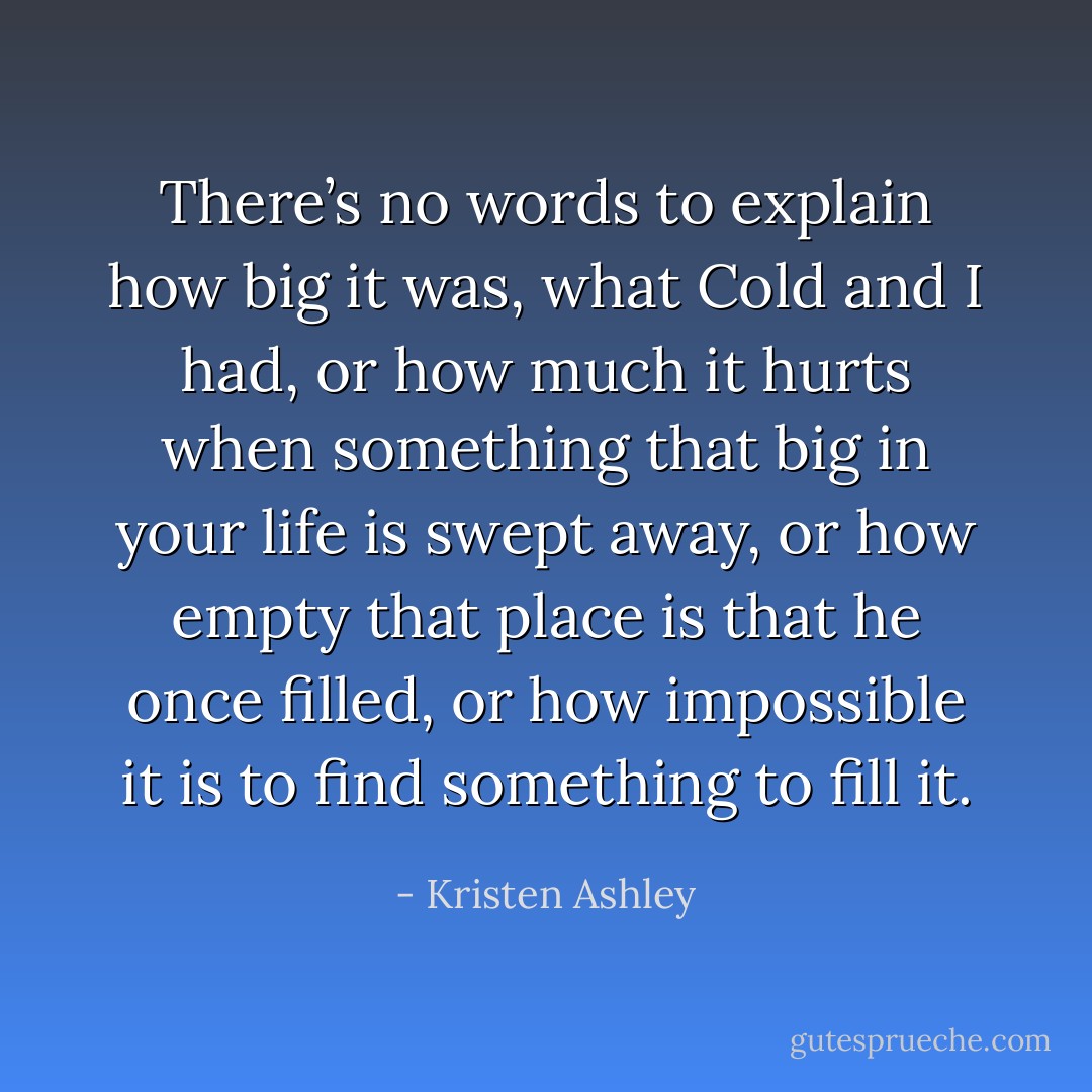 There’s no words to explain how big it was, what Cold and I had, or how much it hurts when something that big in your life is swept away, or how empty that place is that he once filled, or how impossible it is to find something to fill it. - Kristen Ashley