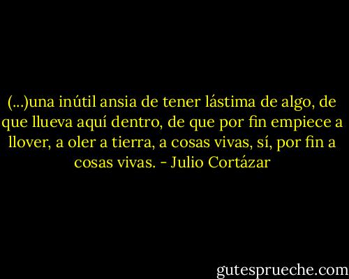 (...)una inútil ansia de tener lástima de algo, de que llueva aquí dentro, de que por fin empiece a llover, a oler a tierra, a cosas vivas, sí, por fin a cosas vivas. - Julio Cortázar
