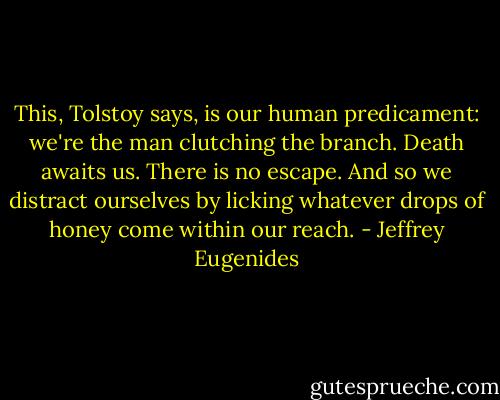 This, Tolstoy says, is our human predicament: we're the man clutching the branch. Death awaits us. There is no escape. And so we distract ourselves by licking whatever drops of honey come within our reach. - Jeffrey Eugenides