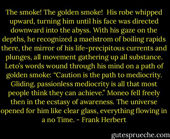 The smoke! The golden smoke! <br />His robe whipped upward, turning him until his face was directed downward into the abyss. With his gaze on the depths, he recognized a maelstrom of boiling rapids there, the mirror of his life-precipitous currents and plunges, all movement gathering up all substance. Leto’s words wound through his mind on a path of golden smoke: “Caution is the path to mediocrity. Gliding, passionless mediocrity is all that most people think they can achieve.” Moneo fell freely then in the ecstasy of awareness. The universe opened for him like clear glass, everything flowing in a no Time. - Frank Herbert