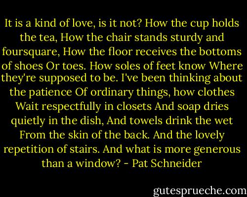 It is a kind of love, is it not?<br />How the cup holds the tea,<br />How the chair stands sturdy and foursquare,<br />How the floor receives the bottoms of shoes<br />Or toes. How soles of feet know<br />Where they're supposed to be.<br />I've been thinking about the patience<br />Of ordinary things, how clothes<br />Wait respectfully in closets<br />And soap dries quietly in the dish,<br />And towels drink the wet<br />From the skin of the back.<br />And the lovely repetition of stairs.<br />And what is more generous than a window? - Pat Schneider