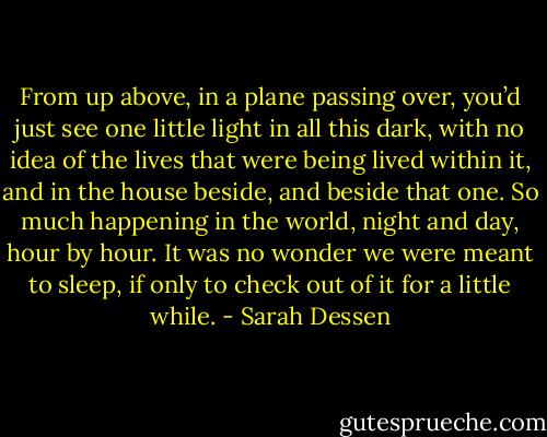 From up above, in a plane passing over, you’d just see one little light in all this dark, with no idea of the lives that were being lived within it, and in the house beside, and beside that one. So much happening in the world, night and day, hour by hour. It was no wonder we were meant to sleep, if only to check out of it for a little while. - Sarah Dessen