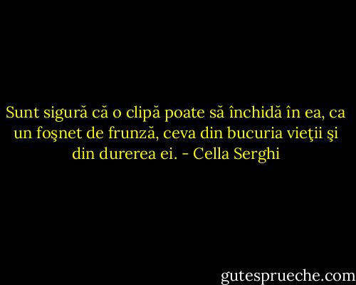 Sunt sigură că o clipă poate să închidă în ea, ca un foşnet de frunză, ceva din bucuria vieţii şi din durerea ei. - Cella Serghi