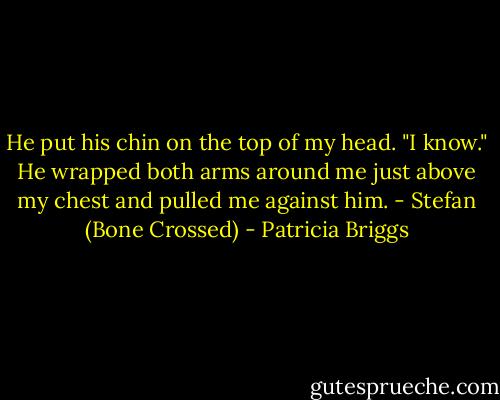 He put his chin on the top of my head. "I know." He wrapped both arms around me just above my chest and pulled me against him. - Stefan (Bone Crossed) - Patricia Briggs
