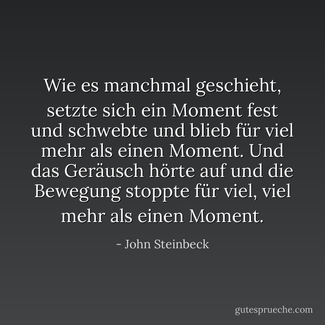 Wie es manchmal geschieht, setzte sich ein Moment fest und schwebte und blieb für viel mehr als einen Moment. Und das Geräusch hörte auf und die Bewegung stoppte für viel, viel mehr als einen Moment. - John Steinbeck<