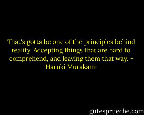 That's gotta be one of the principles behind reality. Accepting things that are hard to comprehend, and leaving them that way. - Haruki Murakami