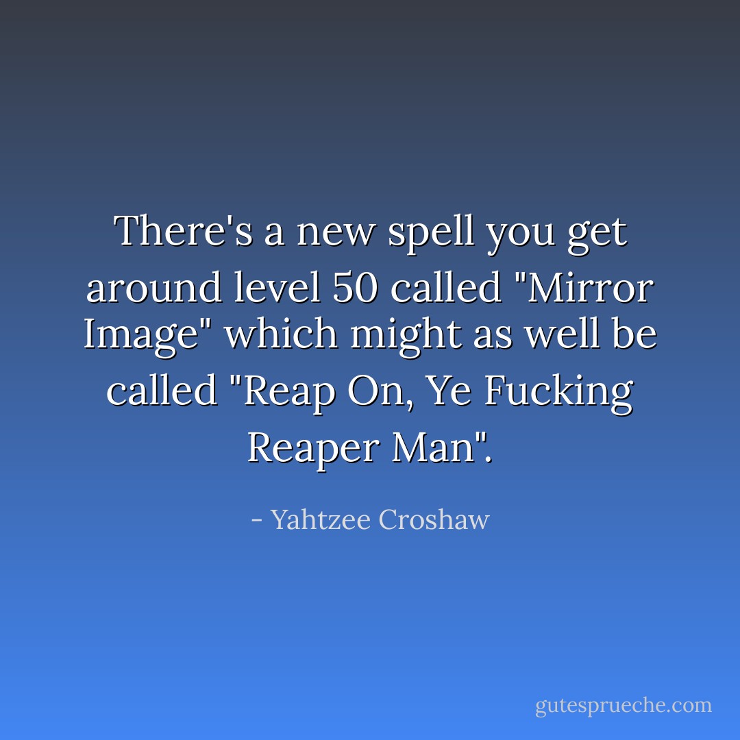 There's a new spell you get around level 50 called "Mirror Image" which might as well be called "Reap On, Ye Fucking Reaper Man". - Yahtzee Croshaw