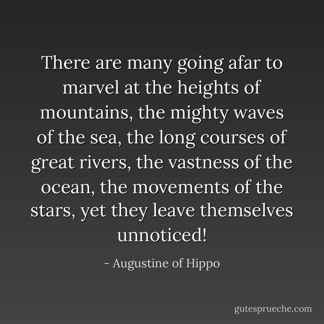 There are many going afar to marvel at the heights of mountains, the mighty waves of the sea, the long courses of great rivers, the vastness of the ocean, the movements of the stars, yet they leave themselves unnoticed! - Augustine of Hippo