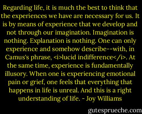 Regarding life, it is much the best to think that the experiences we have are necessary for us. It is by means of experience that we develop and not through our imagination. Imagination is nothing. Explanation is nothing. One can only experience and somehow describe--with, in Camus's phrase, <i>lucid indifference</i>. At the same time, experience is fundamentally illusory. When one is experiencing emotional pain or grief, one feels that everything that happens in life is unreal. And this is a right understanding of life. - Joy Williams