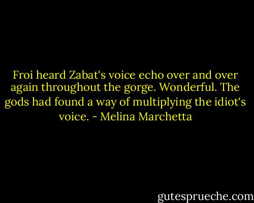 Froi heard Zabat's voice echo over and over again throughout the gorge. Wonderful. The gods had found a way of multiplying the idiot's voice. - Melina Marchetta