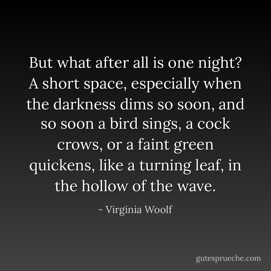 But what after all is one night? A short space, especially when the darkness dims so soon, and so soon a bird sings, a cock crows, or a faint green quickens, like a turning leaf, in the hollow of the wave. - Virginia Woolf