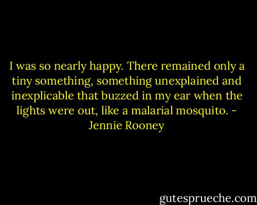 I was so nearly happy. There remained only a tiny something, something unexplained and inexplicable that buzzed in my ear when the lights were out, like a malarial mosquito. - Jennie Rooney