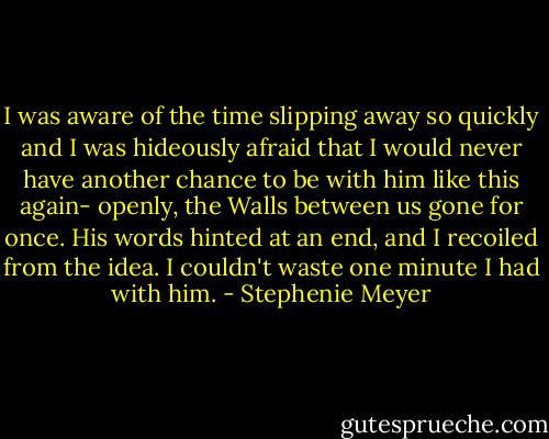 I was aware of the time slipping away so quickly and I was hideously afraid that I would never have another chance to be with him like this again- openly, the Walls between us gone for once. His words hinted at an end, and I recoiled from the idea. I couldn't waste one minute I had with him. - Stephenie Meyer