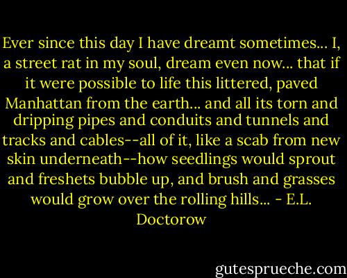 Ever since this day I have dreamt sometimes... I, a street rat in my soul, dream even now... that if it were possible to life this littered, paved Manhattan from the earth... and all its torn and dripping pipes and conduits and tunnels and tracks and cables--all of it, like a scab from new skin underneath--how seedlings would sprout and freshets bubble up, and brush and grasses would grow over the rolling hills... - E.L. Doctorow