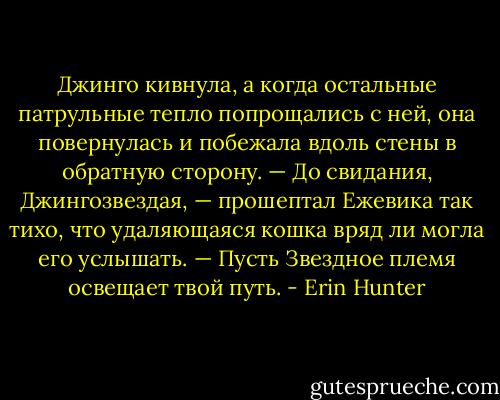 Джинго кивнула, а когда остальные патрульные тепло попрощались с ней, она повернулась и побежала вдоль стены в обратную сторону.<br />— До свидания, Джингозвездая, — прошептал Ежевика так тихо, что удаляющаяся кошка вряд ли могла его услышать. — Пусть Звездное племя освещает твой путь. - Erin Hunter