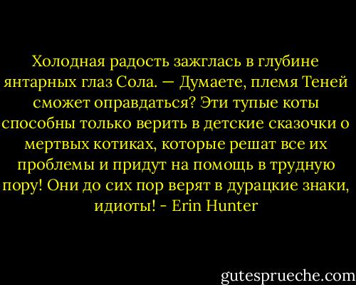 Холодная радость зажглась в глубине янтарных глаз Сола.<br />— Думаете, племя Теней смо­жет оправдаться? Эти тупые коты способны только верить в детские сказочки о мертвых котиках, ко­торые решат все их проблемы и придут на помощь в трудную пору! Они до сих пор верят в дурацкие знаки, идиоты! - Erin Hunter