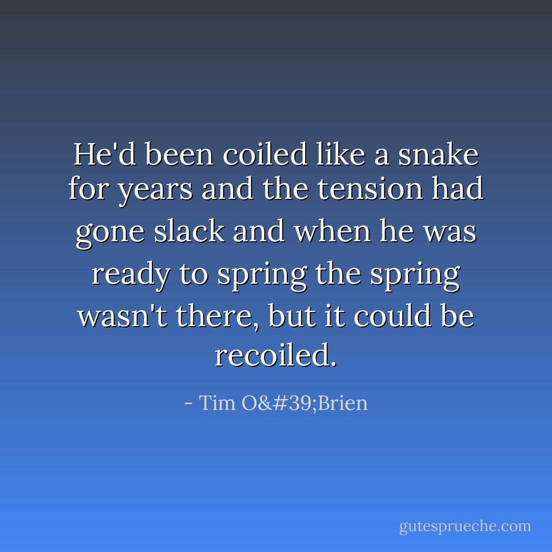 He'd been coiled like a snake for years and the tension had gone slack and when he was ready to spring the spring wasn't there, but it could be recoiled. - Tim O'Brien