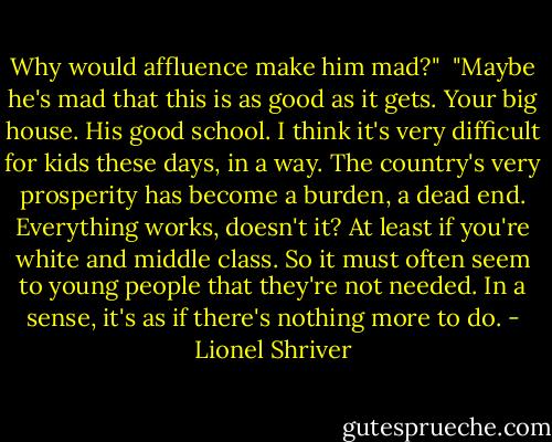 Why would affluence make him mad?"<br /><br />"Maybe he's mad that this is as good as it gets. Your big house. His good school. I think it's very difficult for kids these days, in a way. The country's very prosperity has become a burden, a dead end. Everything works, doesn't it? At least if you're white and middle class. So it must often seem to young people that they're not needed. In a sense, it's as if there's nothing more to do. - Lionel Shriver