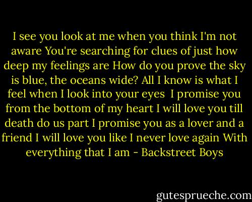 I see you look at me when you think I'm not aware<br />You're searching for clues of just how deep my feelings are<br />How do you prove the sky is blue, the oceans wide?<br />All I know is what I feel when I look into your eyes<br /><br />I promise you from the bottom of my heart<br />I will love you till death do us part<br />I promise you as a lover and a friend<br />I will love you like I never love again<br />With everything that I am - Backstreet Boys