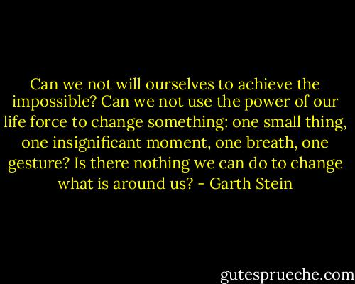 Can we not will ourselves to achieve the impossible? Can we not use the power of our life force to change something: one small thing, one insignificant moment, one breath, one gesture? Is there nothing we can do to change what is around us? - Garth Stein