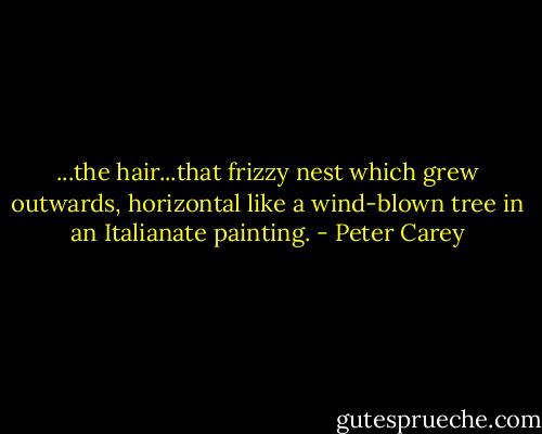 ...the hair...that frizzy nest which grew outwards, horizontal like a wind-blown tree in an Italianate painting. - Peter Carey